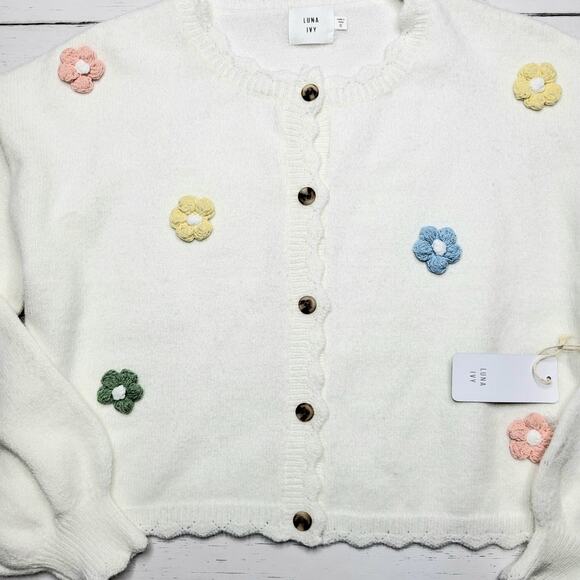 Luna Ivy 3D Flower Cardigan Button Down Sweater White Pastel Coquette Small - Picture 4 of 10